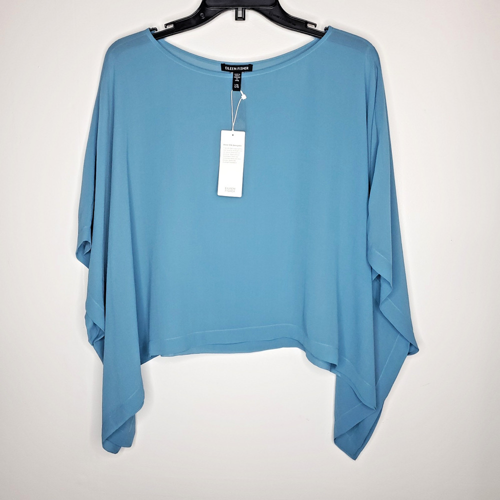 Eileen Fisher Womens River SZ L/XL Sheer Silk Georgette Bateau Neck Top Poncho